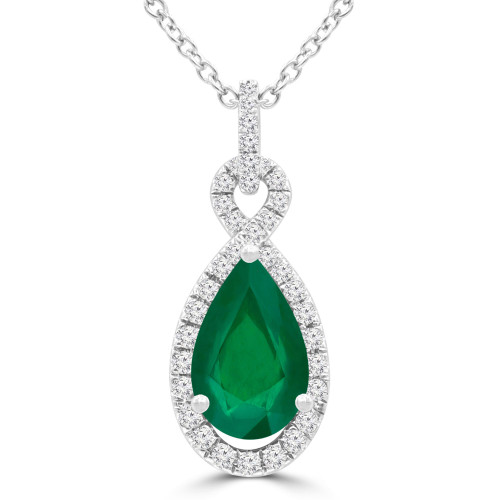 1 3/5 CTW Pear Green Emerald & Round Diamond Infinity Halo Pendant Necklace in 14K White Gold (MDR220145)
