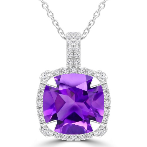 3 2/5 CTW Cushion Purple Amethyst & Round Diamond Claw Prong Cushion Halo Pendant Necklace in 14K White Gold (MDR220149)