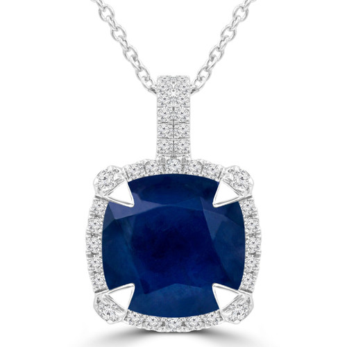 3 3/5 CTW Cushion Blue Sapphire & Round Diamond Claw Prong Cushion Halo Pendant Necklace in 14K White Gold (MDR220152)