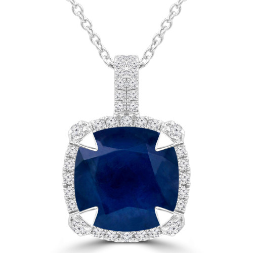 3 3/5 CTW Cushion Blue Sapphire & Round Diamond Claw Prong Cushion Halo Pendant Necklace in 14K White Gold (MDR220152)