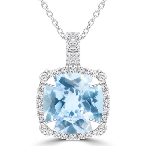 4 9/10 CTW Cushion Blue Topaz & Round Diamond Claw Prong Cushion Halo Pendant Necklace in 14K White Gold (MDR220153)