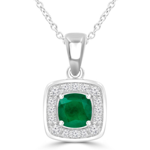 3/4 CTW Cushion Green Emerald & Round Diamond Claw Prong Cushion Halo Pendant Necklace in 14K White Gold (MDR220155)