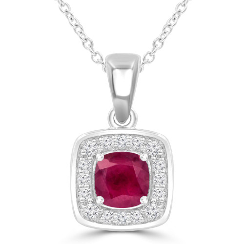 1 CTW Cushion Red Ruby & Round Diamond Claw Prong Cushion Halo Pendant Necklace in 14K White Gold (MDR220156)