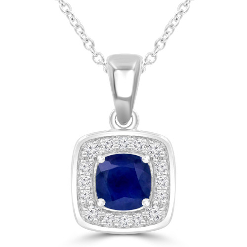 1 1/7 CTW Cushion Blue Sapphire & Round Diamond Claw Prong Cushion Halo Pendant Necklace in 14K White Gold (MDR220157)