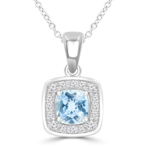 9/10 CTW Cushion Blue Topaz & Round Diamond Claw Prong Cushion Halo Pendant Necklace in 14K White Gold (MDR220158)