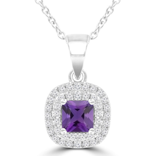 2/5 CTW Princess Purple Amethyst & Round Diamond Double Cushion Halo Pendant Necklace in 14K White Gold (MDR220159)