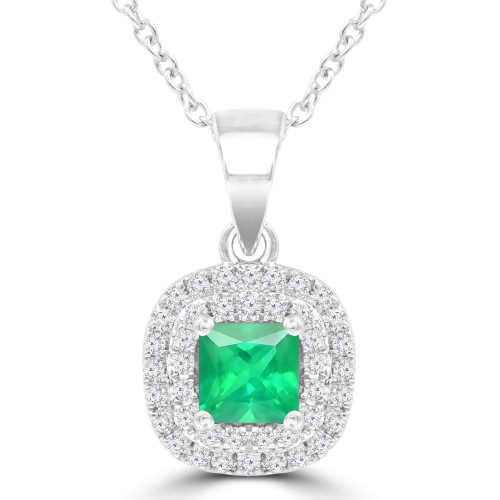 2/5 CTW Princess Green Emerald & Round Diamond Double Cushion Halo Pendant Necklace in 14K White Gold (MDR220160)