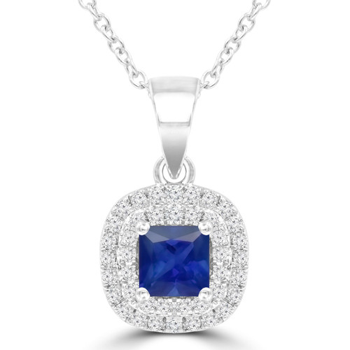 3/5 CTW Princess Blue Sapphire & Round Diamond Double Cushion Halo Pendant Necklace in 14K White Gold (MDR220162)