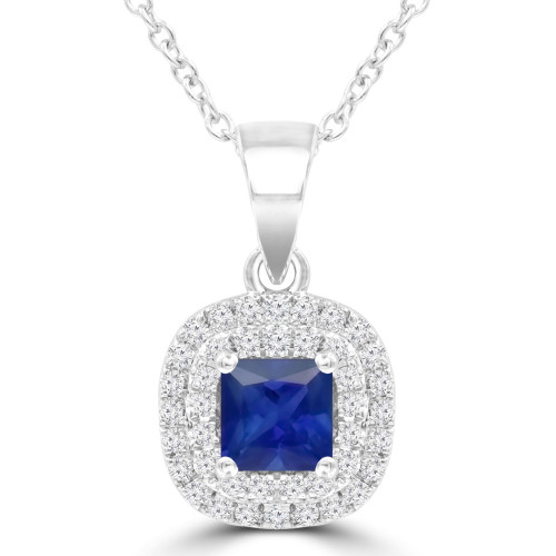 3/5 CTW Princess Blue Sapphire & Round Diamond Double Cushion Halo Pendant Necklace in 14K White Gold (MDR220162)