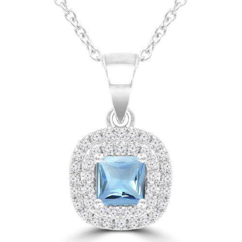 3/5 CTW Princess Blue Topaz & Round Diamond Double Cushion Halo Pendant Necklace in 14K White Gold (MDR220163)