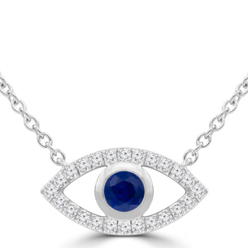 3/8 CTW Round Blue Sapphire & Round Diamond Evil Eye Marquise Halo Necklace in 14K White Gold (MDR220167)