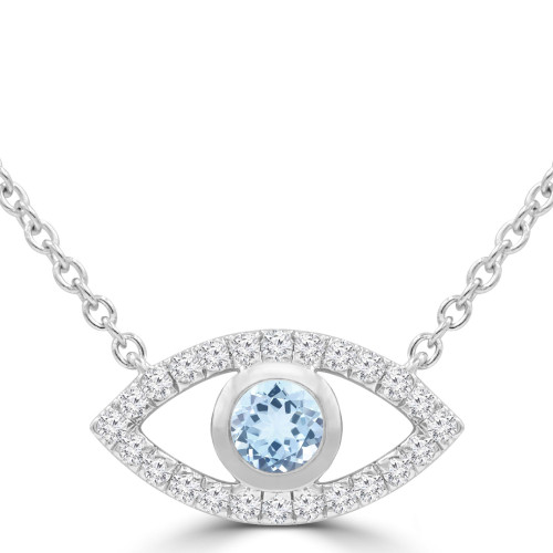3/8 CTW Round Blue Topaz & Round Diamond Evil Eye Marquise Halo Necklace in 14K White Gold (MDR220168)