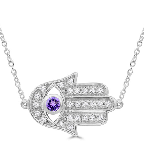 1/4 CTW Round Purple Amethyst & Round Diamond Hamsa Necklace in 14K White Gold (MDR220169)