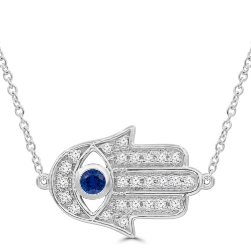 1/4 CTW Round Blue Sapphire & Round Diamond Hamsa Necklace in 14K White Gold (MDR220172)