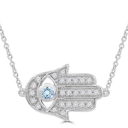 1/4 CTW Round Blue Topaz & Round Diamond Hamsa Necklace in 14K White Gold (MDR220173)