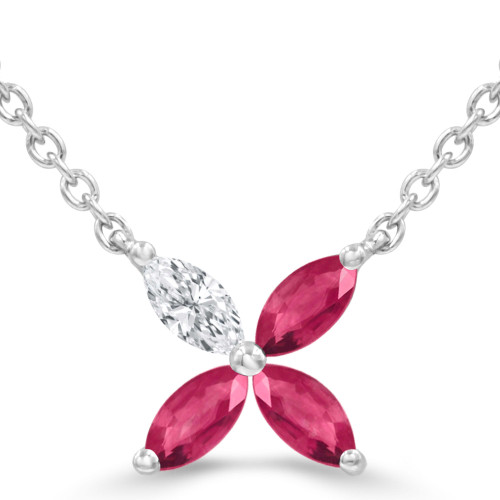3/8 CTW Marquise Red Ruby & Marquise Diamond Floral Necklace in 14K White Gold (MDR220181)