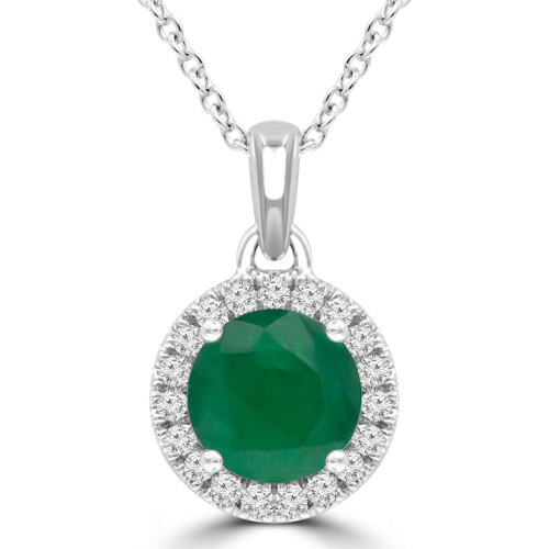 1 1/20 CTW Round Green Emerald & Round Diamond Halo Pendant Necklace in 14K White Gold (MDR220185)