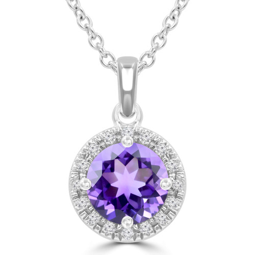 4/5 CTW Round Purple Amethyst & Round Diamond Halo Pendant Necklace in 14K White Gold (MDR220188)