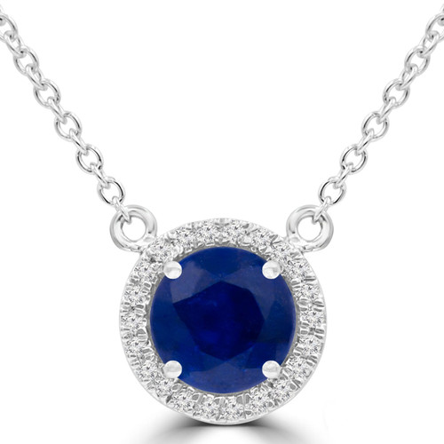 1 1/4 CTW Round Blue Sapphire & Round Diamond Halo Necklace in 14K White Gold (MDR220194)