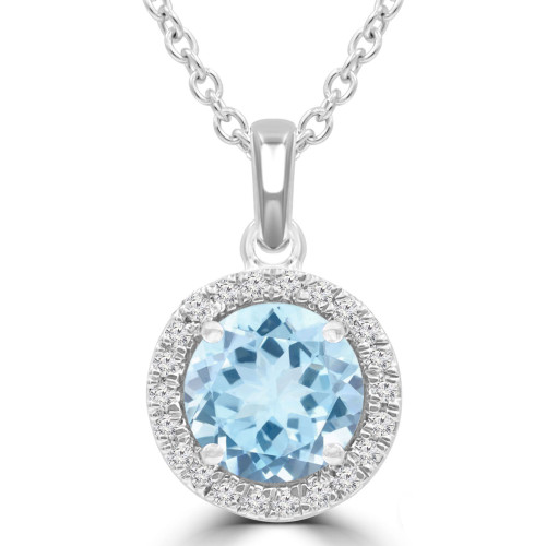 1 1/8 CTW Round Blue Topaz & Round Diamond Halo Pendant Necklace in 14K White Gold (MDR220197)