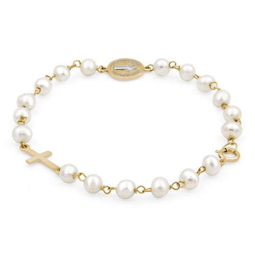 Round White Pearl Baby Baptism Cross and Saint Benedict Medal Chain Bracelet in 14K Yellow Gold (MDR220243)