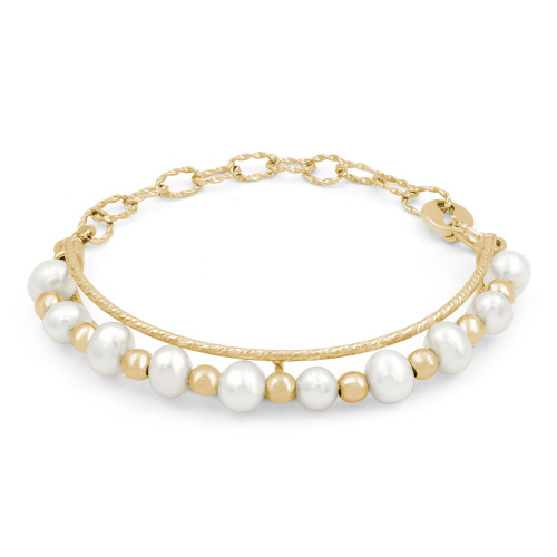 Round White Pearl Baby Bangle Bracelet in 14K Yellow Gold (MDR220258)