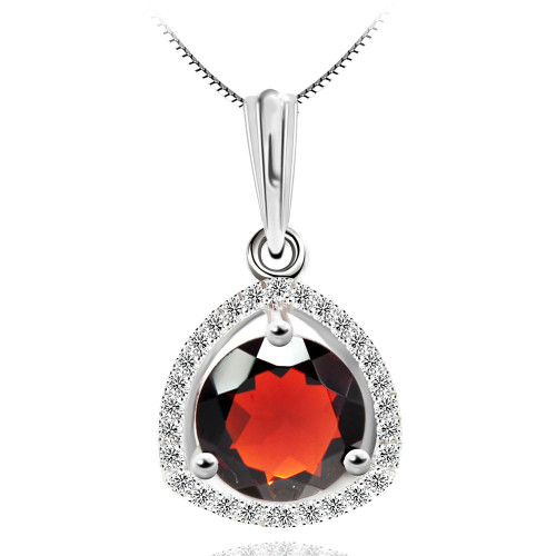 2 2/3 CTW Round Red Garnet Halo Pendant Necklace in 0.925 White Sterling Silver With Chain (MDS170225)