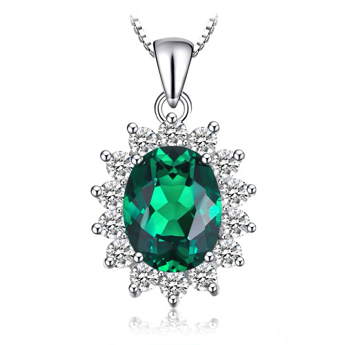 1 2/3 CTW Oval Green Nano Emerald Halo Pendant Necklace in 0.925 White Sterling Silver With Chain (MDS210142)