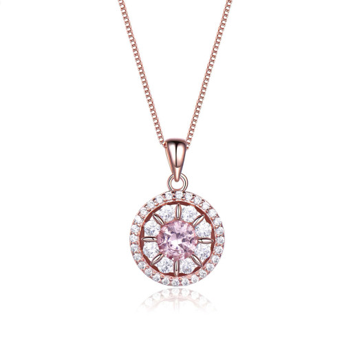 Round Pink Nano Morganite Halo Pendant Necklace in 0.925 White Sterling Silver With Chain (MDS210237)