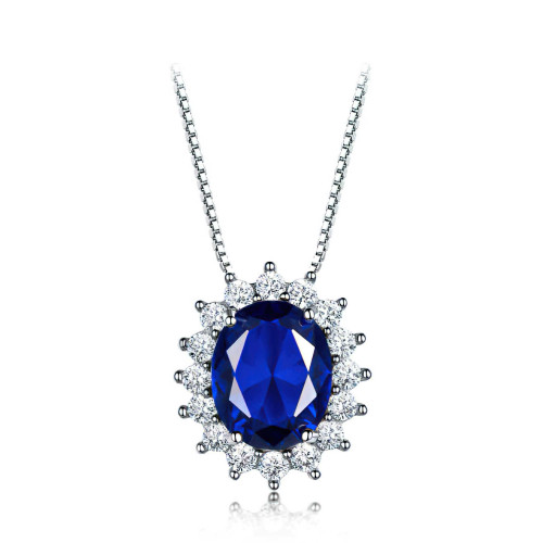 Oval Blue Nano Sapphire Halo Pendant Necklace in 0.925 White Sterling Silver With Chain (MDS210289)