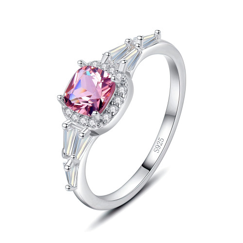 1 CTW Cushion Pink Cubic Zirconia Cushion Halo Cocktail Ring in 0.925 White Sterling Silver with Baguette Accents (MDS230094)
