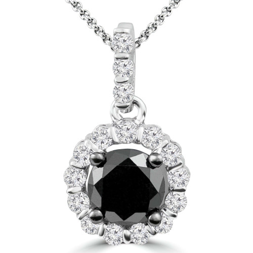 1 CTW Round Black Diamond Halo Pendant Necklace in 10K White Gold (MDR160006)