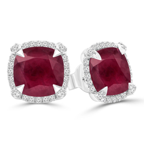 5 3/8 CTW Cushion Red Ruby & Round Diamond Cushion Halo Claw Prong Stud Earrings in 14K White Gold (MDR220111)