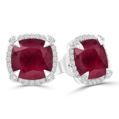 5 3/8 CTW Cushion Red Ruby & Round Diamond Cushion Halo Claw Prong Stud Earrings in 14K White Gold (MDR220111)