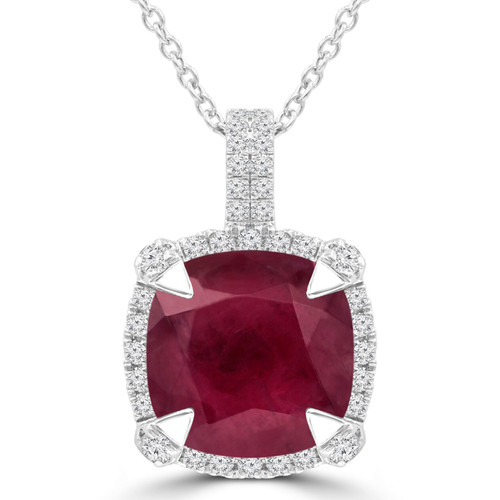5 4/5 CTW Cushion Red Ruby & Round Diamond Claw Prong Cushion Halo Pendant Necklace in 14K White Gold (MDR220151)