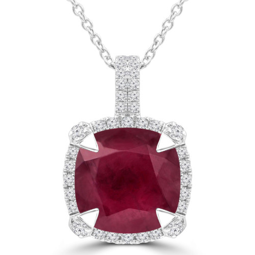 5 4/5 CTW Cushion Red Ruby & Round Diamond Claw Prong Cushion Halo Pendant Necklace in 14K White Gold (MDR220151)