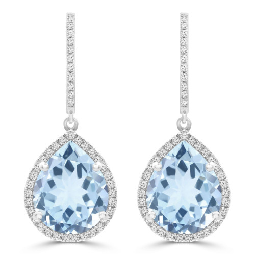 10 2/3 CTW Pear Blue Topaz & Round Diamond Pear Halo Drop/Dangle Earrings in 14K White Gold (MDR220063)