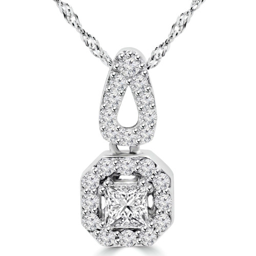 1 1/8 CTW Radiant Diamond Halo Pendant Necklace in 14K White Gold (MD150245)