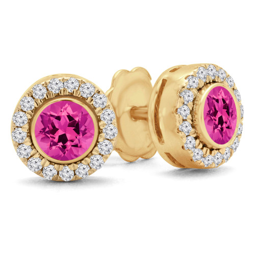 3/4 CTW Round Pink Tourmaline & Round Diamond Bezel Set Halo Stud Earrings in 14K Yellow Gold (MD160030)