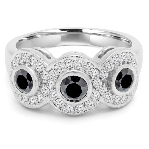 1 1/8 CTW Round Black Diamond Halo Three-Stone Engagement Ring in 14K White Gold (MD170094)
