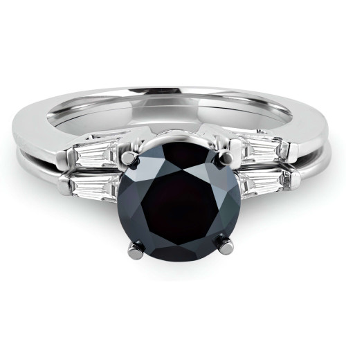 2 1/5 CTW Round Black Diamond Solitaire with Accents Engagement Ring and Wedding Band Set Ring in 14K White Gold (MD170355)