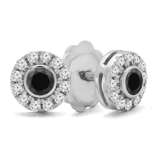 2/5 CTW Round Black Diamond Bezel Set Halo Stud Earrings in 14K White Gold (MD170399)