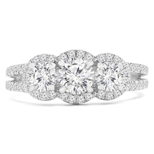 1 1/3 CTW Round Diamond Three-Stone Halo Engagement Ring in 14K White Gold (MD180058)