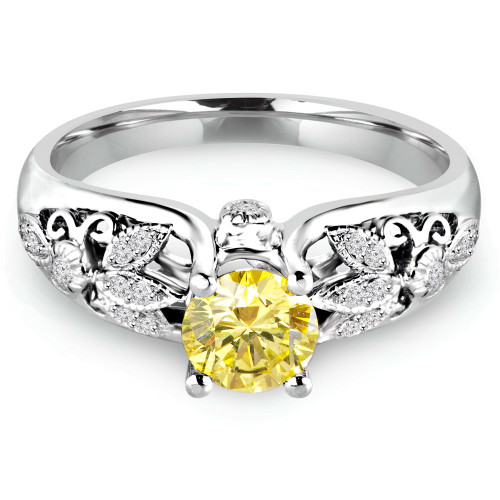 9/10 CTW Round Canary Yellow Diamond Vintage Solitaire with Accents Engagement Ring in 14K White Gold (MD180130)
