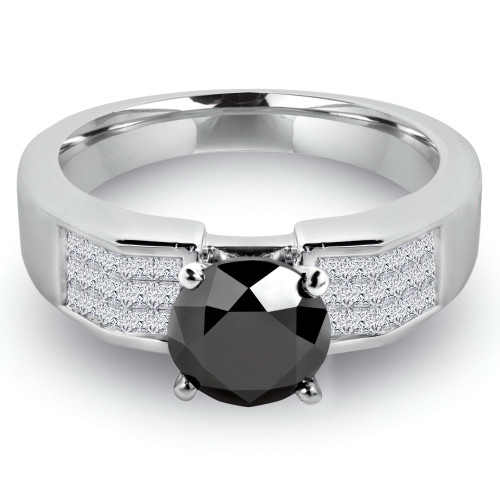 2 3/4 CTW Round Black Diamond Solitaire with Accents Engagement Ring in 14K White Gold (MD180171)