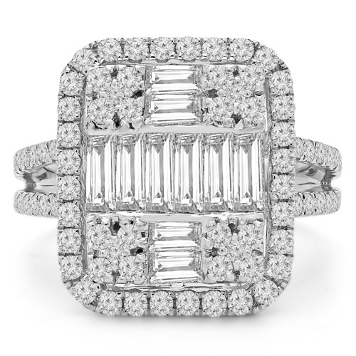 2 CTW Baguette Diamond Vintage Cluster Cushion Halo Cocktail Ring in 18K White Gold (MD190285)