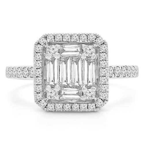 4/5 CTW Baguette Diamond Cluster Princess Halo Engagement Ring in 18K White Gold with Accents (MD190287)
