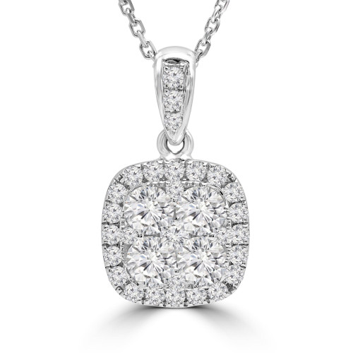 1 1/10 CTW Round Diamond Cluster Cushion Halo Pendant Necklace in 18K White Gold (MD190306)