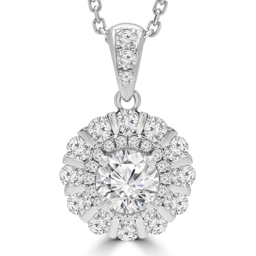 9/10 CTW Round Diamond Floral Halo Pendant Necklace in 18K White Gold (MD190519)