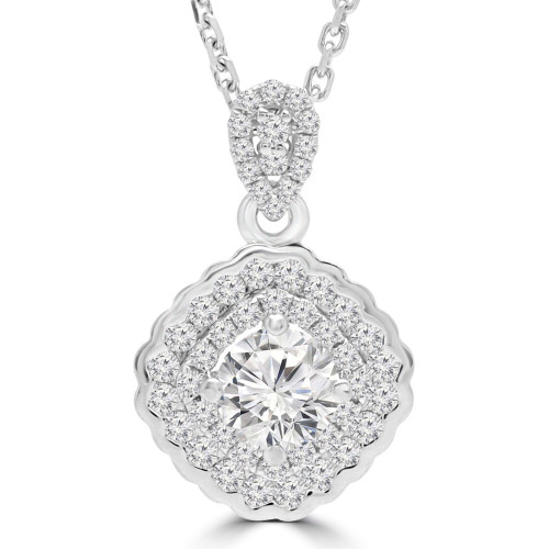 2/3 CTW Round Diamond Double Cushion Halo Pendant Necklace in 18K White Gold (MD190527)